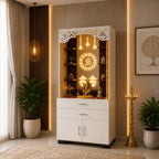 Aesthetic White Finish Wooden Floor Temple with Om LED Back Panel & Spacious Drawer Storage Cabinet for Home & Office