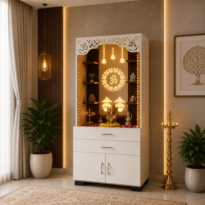 Aesthetic White Finish Wooden Floor Temple with Om LED Back Panel & Spacious Drawer Storage Cabinet for Home & Office