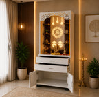 Aesthetic White Finish Wooden Floor Temple with Om LED Back Panel & Spacious Drawer Storage Cabinet for Home & Office