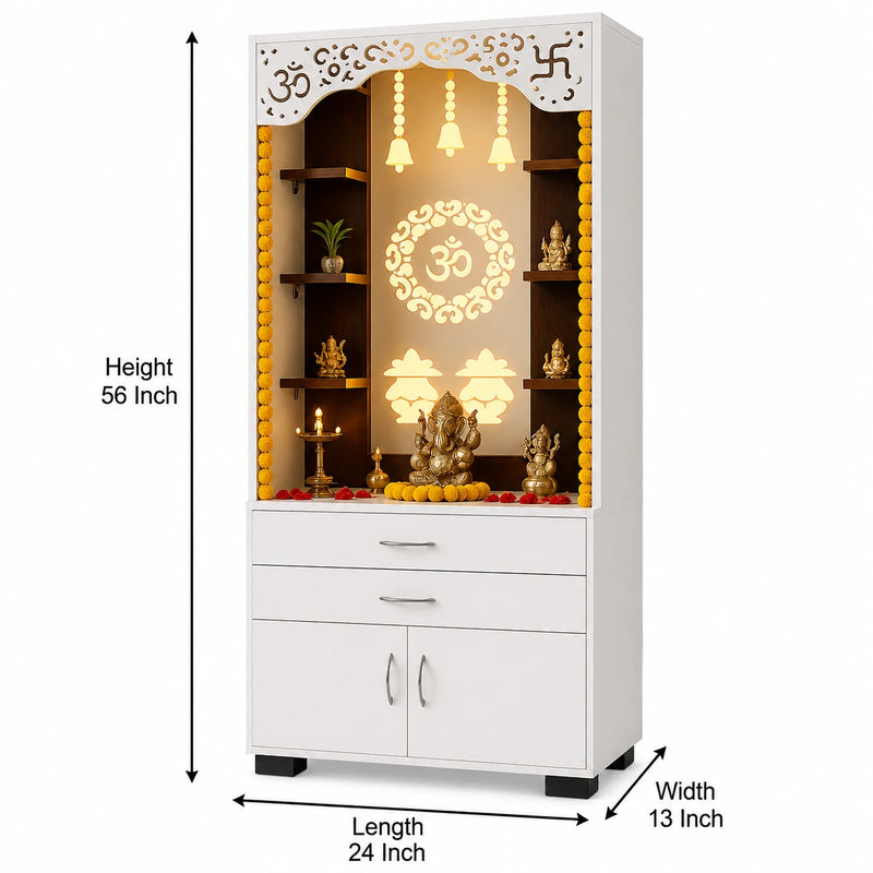 Aesthetic White Finish Wooden Floor Temple with Om LED Back Panel & Spacious Drawer Storage Cabinet for Home & Office