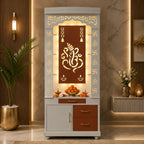Aesthetic White Finish Wooden Floor Temple with Shri Ganeshji LED Back Panel & Spacious Drawer Storage Cabinet for Home & Office