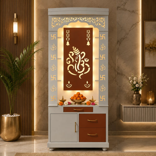 Aesthetic White Finish Wooden Floor Temple with Shri Ganeshji LED Back Panel & Spacious Drawer Storage Cabinet for Home & Office