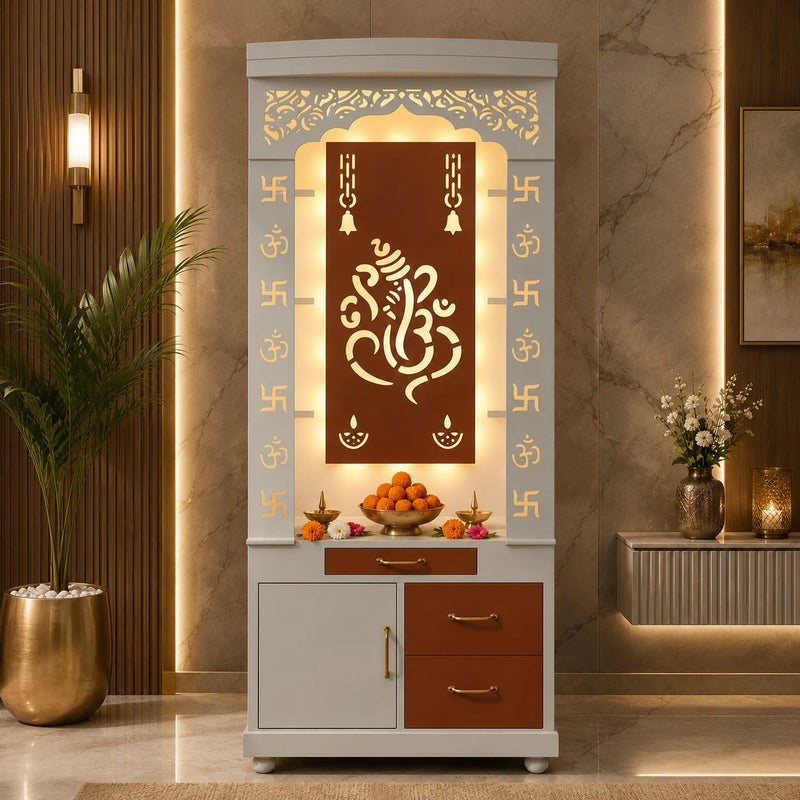 Aesthetic White Finish Wooden Floor Temple with Shri Ganeshji LED Back Panel & Spacious Drawer Storage Cabinet for Home & Office