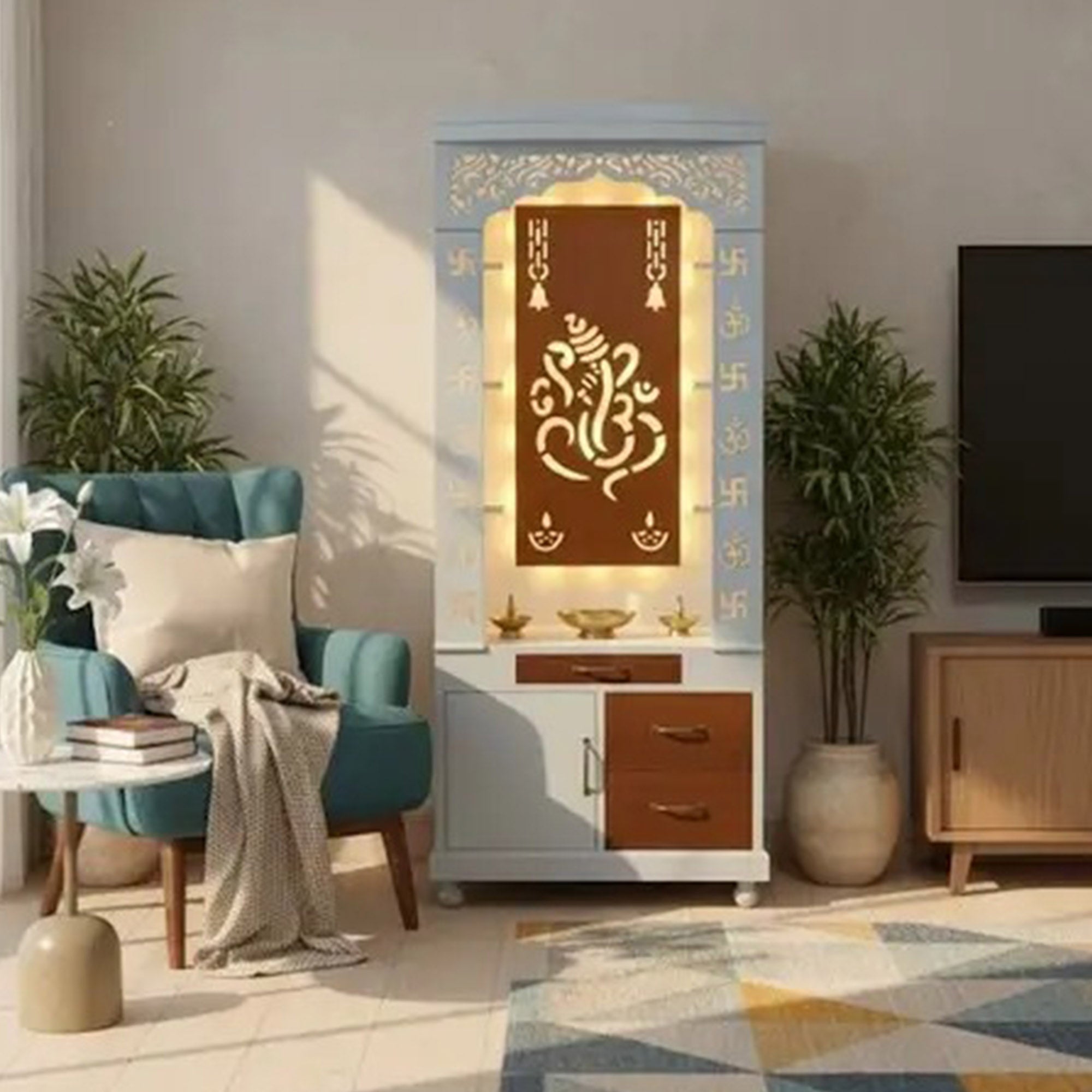 aesthetic-white-finish-wooden-floor-temple-with-shri-ganeshji-led-back-panel-spacious-drawer-storage-cabinet-for-home-office