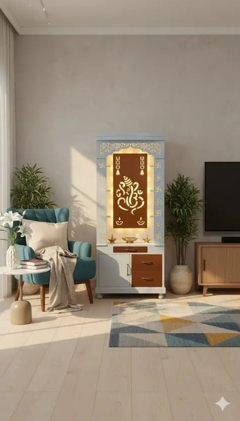 Aesthetic White Finish Wooden Floor Temple with Shri Ganeshji LED Back Panel & Spacious Drawer Storage Cabinet for Home & Office