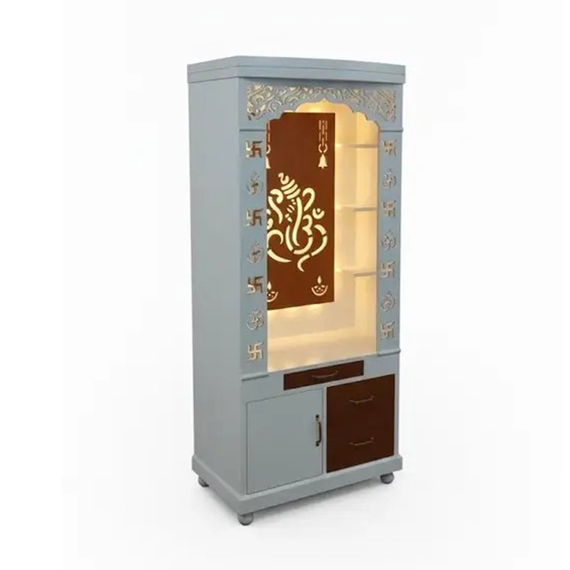 Aesthetic White Finish Wooden Floor Temple with Shri Ganeshji LED Back Panel & Spacious Drawer Storage Cabinet for Home & Office