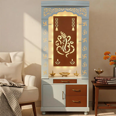 Aesthetic White Finish Wooden Floor Temple with Shri Ganeshji LED Back Panel & Spacious Drawer Storage Cabinet for Home & Office
