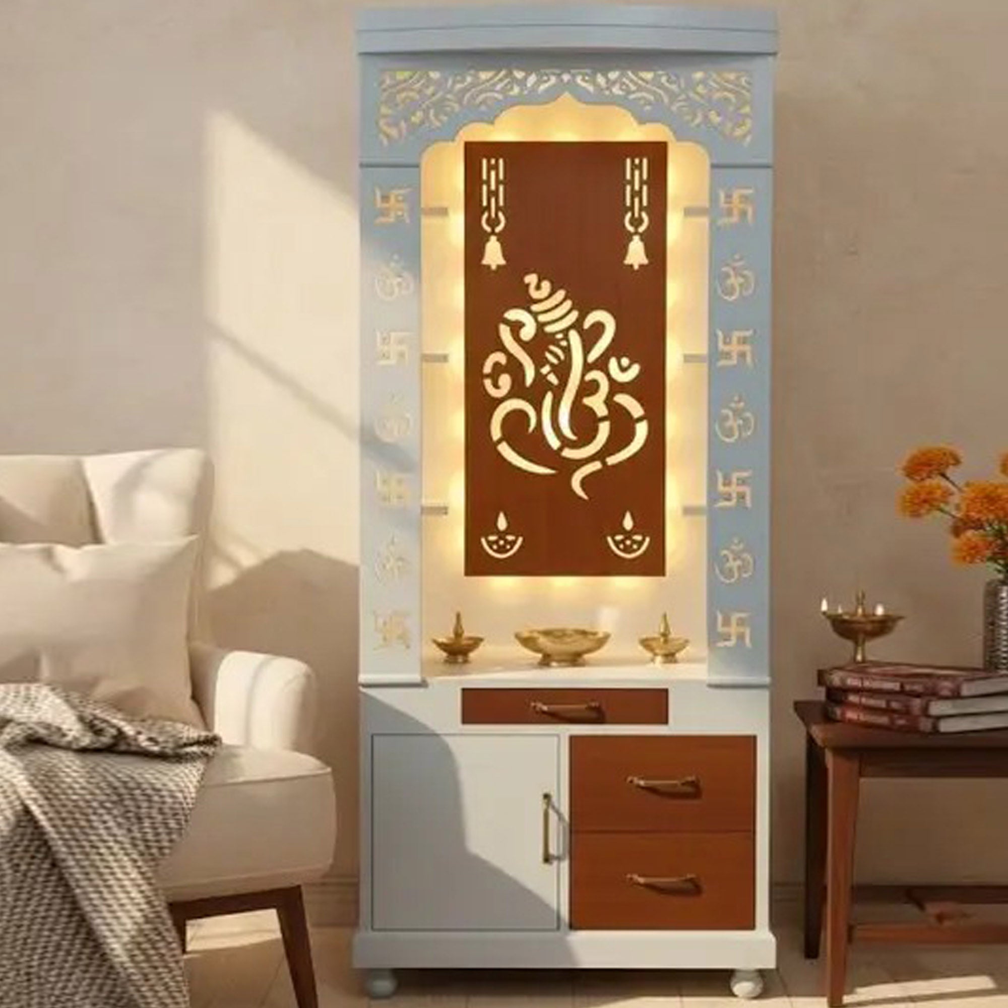 Aesthetic White Finish Wooden Floor Temple with Shri Ganeshji LED Back Panel & Spacious Drawer Storage Cabinet for Home & Office