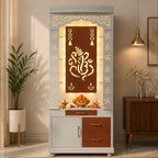 Aesthetic White Finish Wooden Floor Temple with Shri Ganeshji LED Back Panel & Spacious Drawer Storage Cabinet for Home & Office