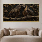 Affectionate Parrot Pair on Branch Metallic Look 3D Canvas Wall Painting
