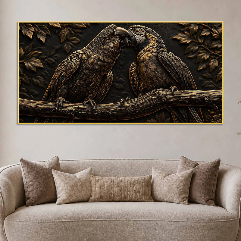 Affectionate Parrot Pair on Branch Metallic Look 3D Canvas Wall Painting