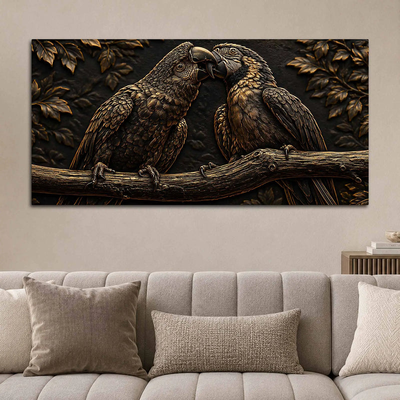 Affectionate Parrot Pair on Branch Metallic Look 3D Canvas Wall Painting