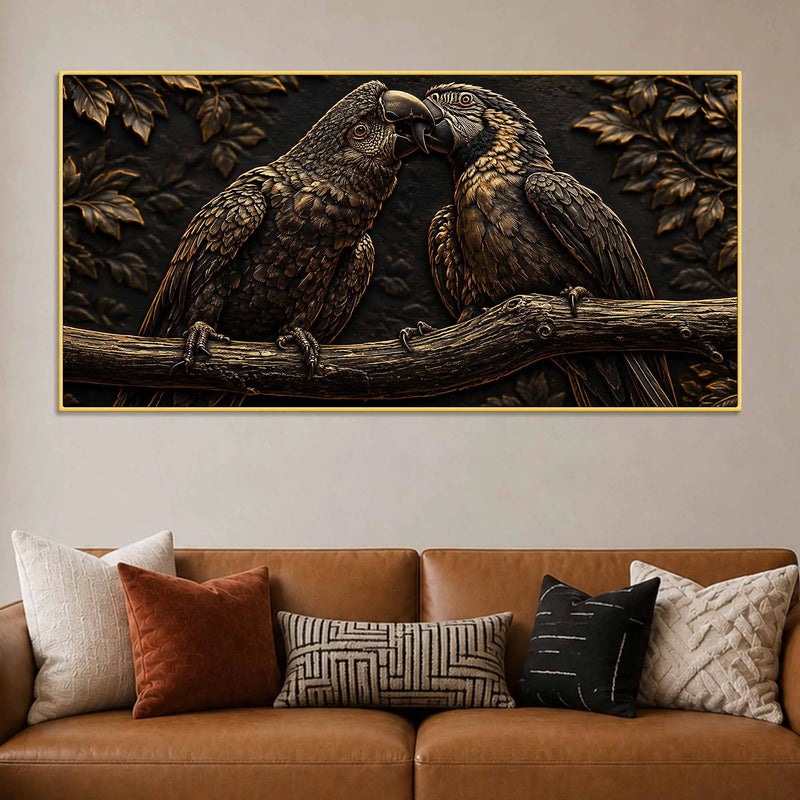 Affectionate Parrot Pair on Branch Metallic Look 3D Canvas Wall Painting