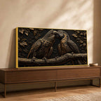 Affectionate Parrot Pair on Branch Metallic Look 3D Canvas Wall Painting
