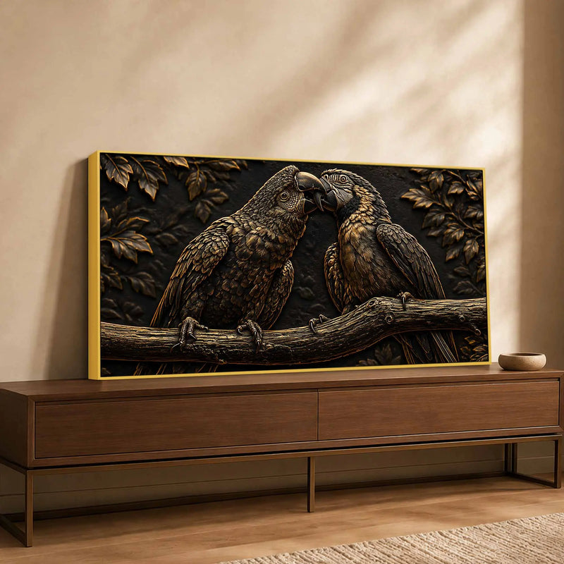 Affectionate Parrot Pair on Branch Metallic Look 3D Canvas Wall Painting