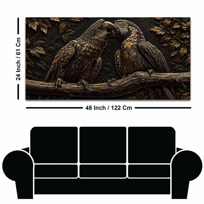 Affectionate Parrot Pair on Branch Metallic Look 3D Canvas Wall Painting