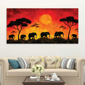 African Abstract Elephant Sunset Canvas Wall Painting