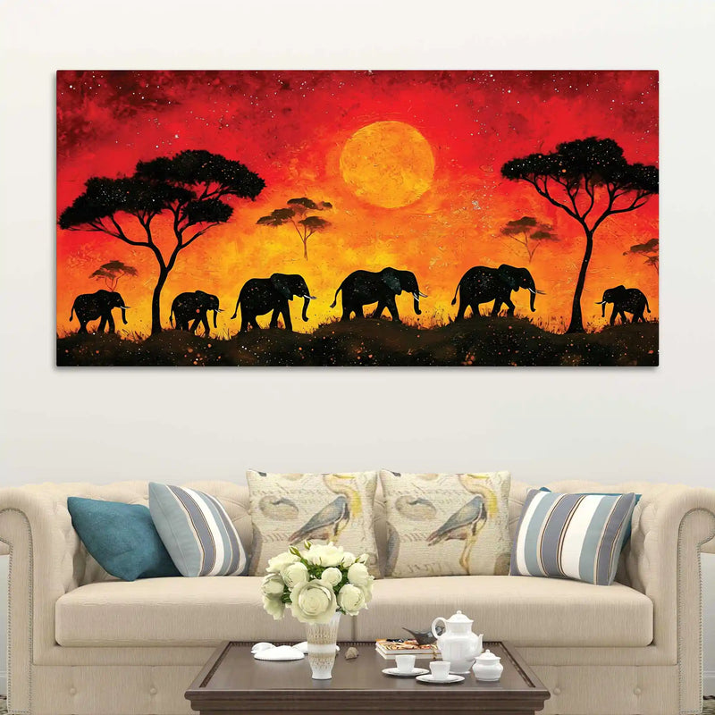 African Abstract Elephant Sunset Canvas Wall Painting