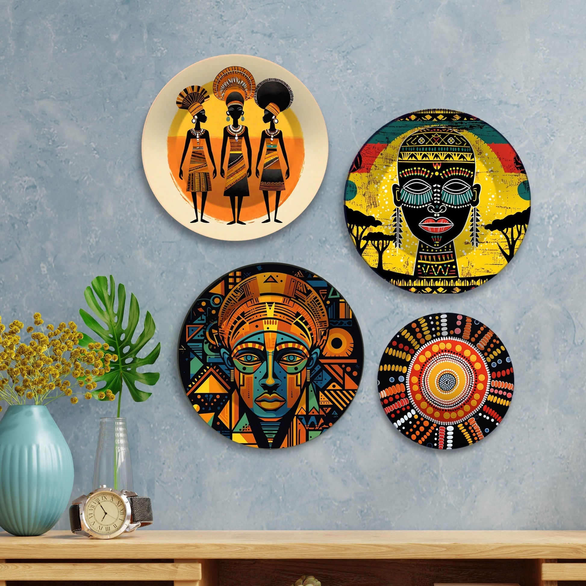 African Culture Premium Wall Plates Painting Set of Four