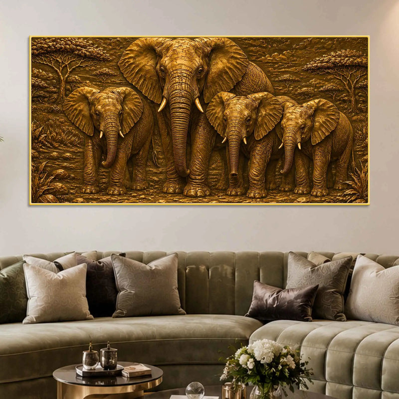 African Mother Elephant with Calves Metallic Look 3D Canvas Wall Painting