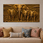 African Mother Elephant with Calves Metallic Look 3D Canvas Wall Painting
