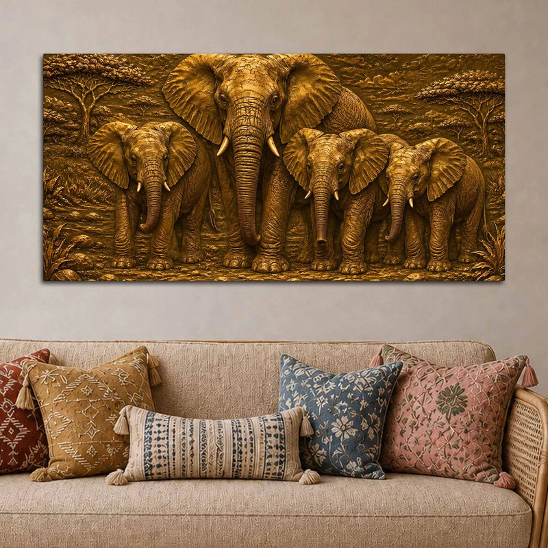 African Mother Elephant with Calves Metallic Look 3D Canvas Wall Painting