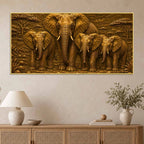 African Mother Elephant with Calves Metallic Look 3D Canvas Wall Painting
