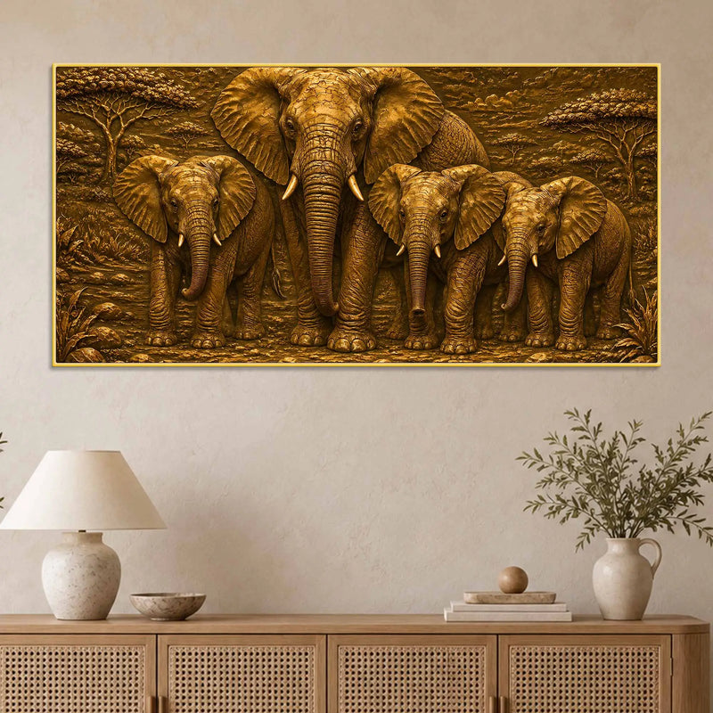 African Mother Elephant with Calves Metallic Look 3D Canvas Wall Painting
