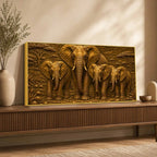 African Mother Elephant with Calves Metallic Look 3D Canvas Wall Painting