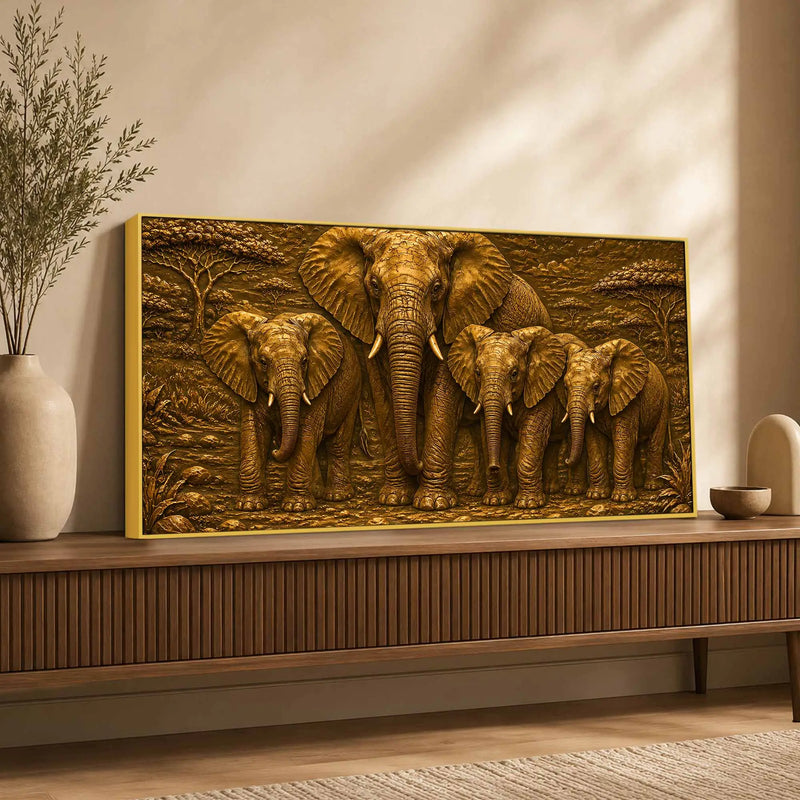 African Mother Elephant with Calves Metallic Look 3D Canvas Wall Painting