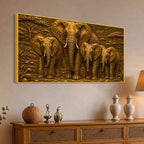 African Mother Elephant with Calves Metallic Look 3D Canvas Wall Painting