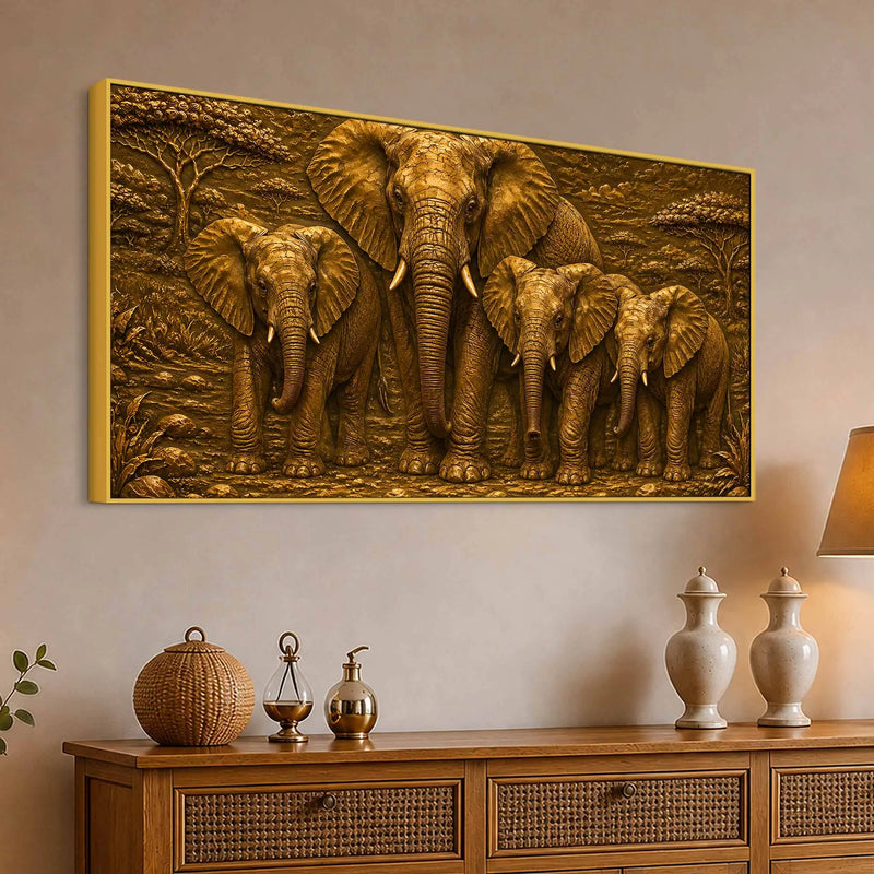 African Mother Elephant with Calves Metallic Look 3D Canvas Wall Painting