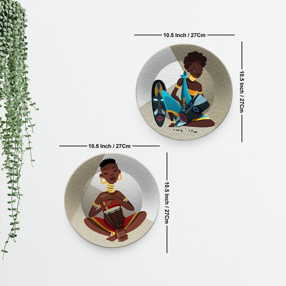 African Tribal Art Wall Hanging Plates Set of Two