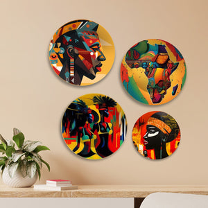 African Tribal Art Wall Plates Painting Set of Four