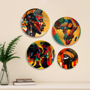 African Tribal Art Wall Plates Painting Set of Four