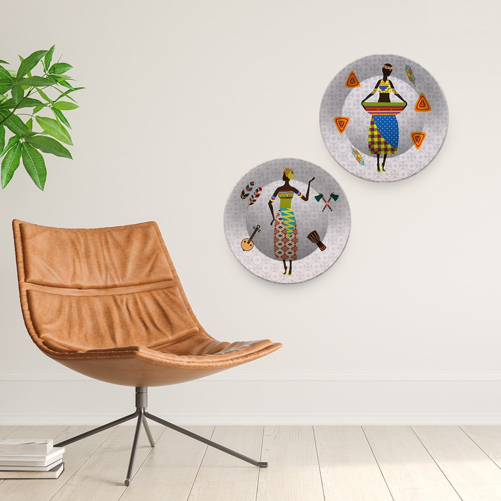 African Warli Art Dance Ceramic Wall Hanging Plates of Two Pieces