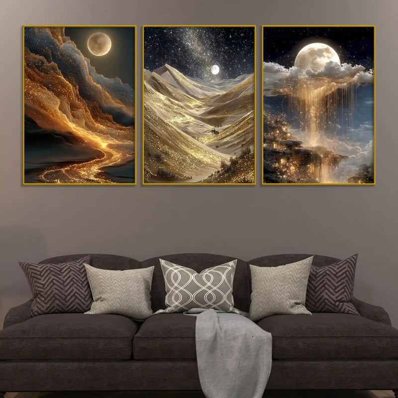 alluring-moon-golden-sky-and-mountains-floating-frame-crystal-wall-painting-set-of-3