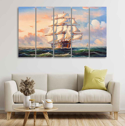 Amazing Sailing Ship Wall Painting of Five Pieces