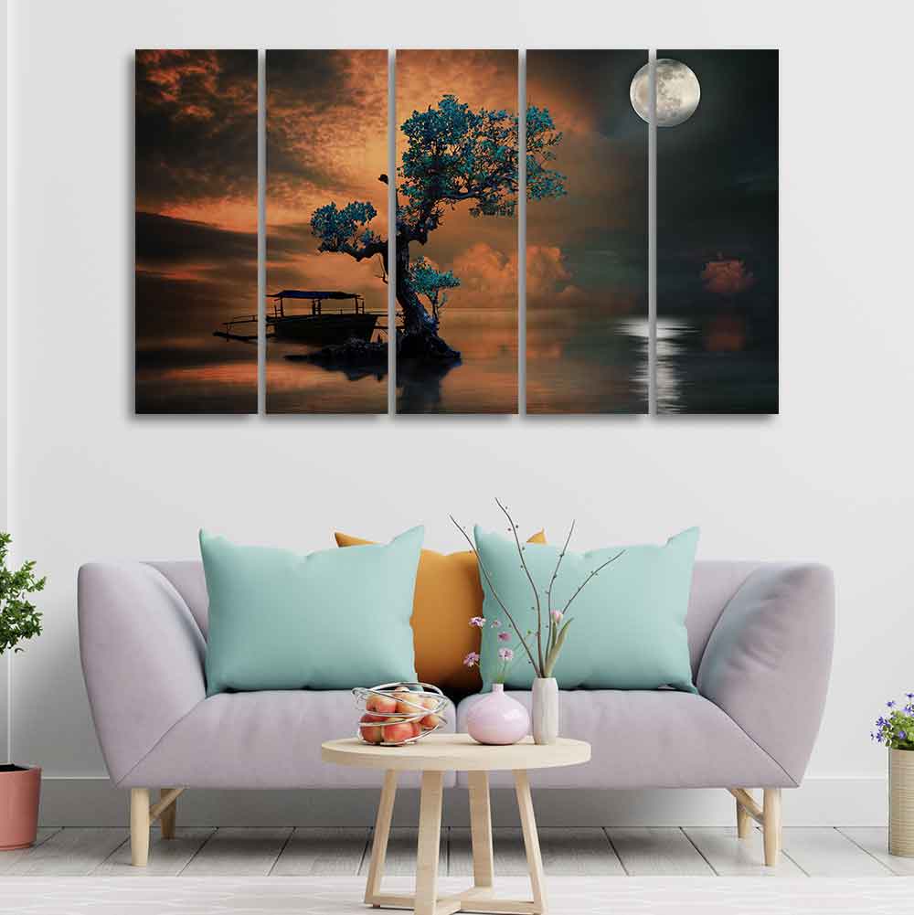 Amazing Tree under The Moon Premium Wall Painting of Five Pieces