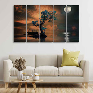 Amazing Tree under The Moon Premium Wall Painting of Five Pieces