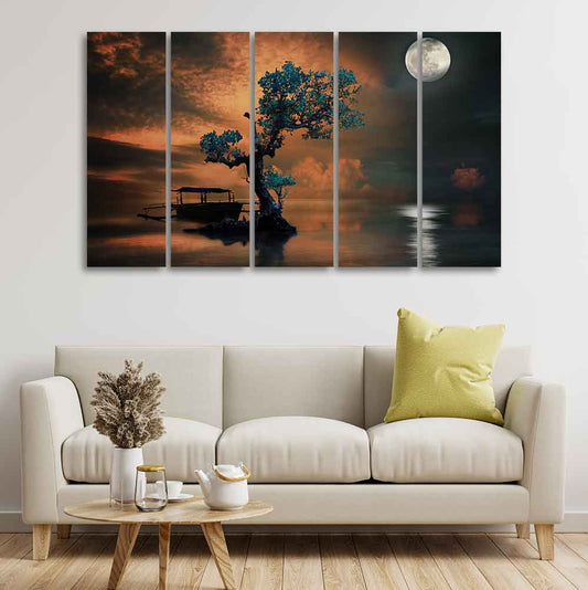 Amazing Tree under The Moon Premium Wall Painting of Five Pieces