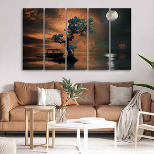 Amazing Tree under The Moon Premium Wall Painting of Five Pieces