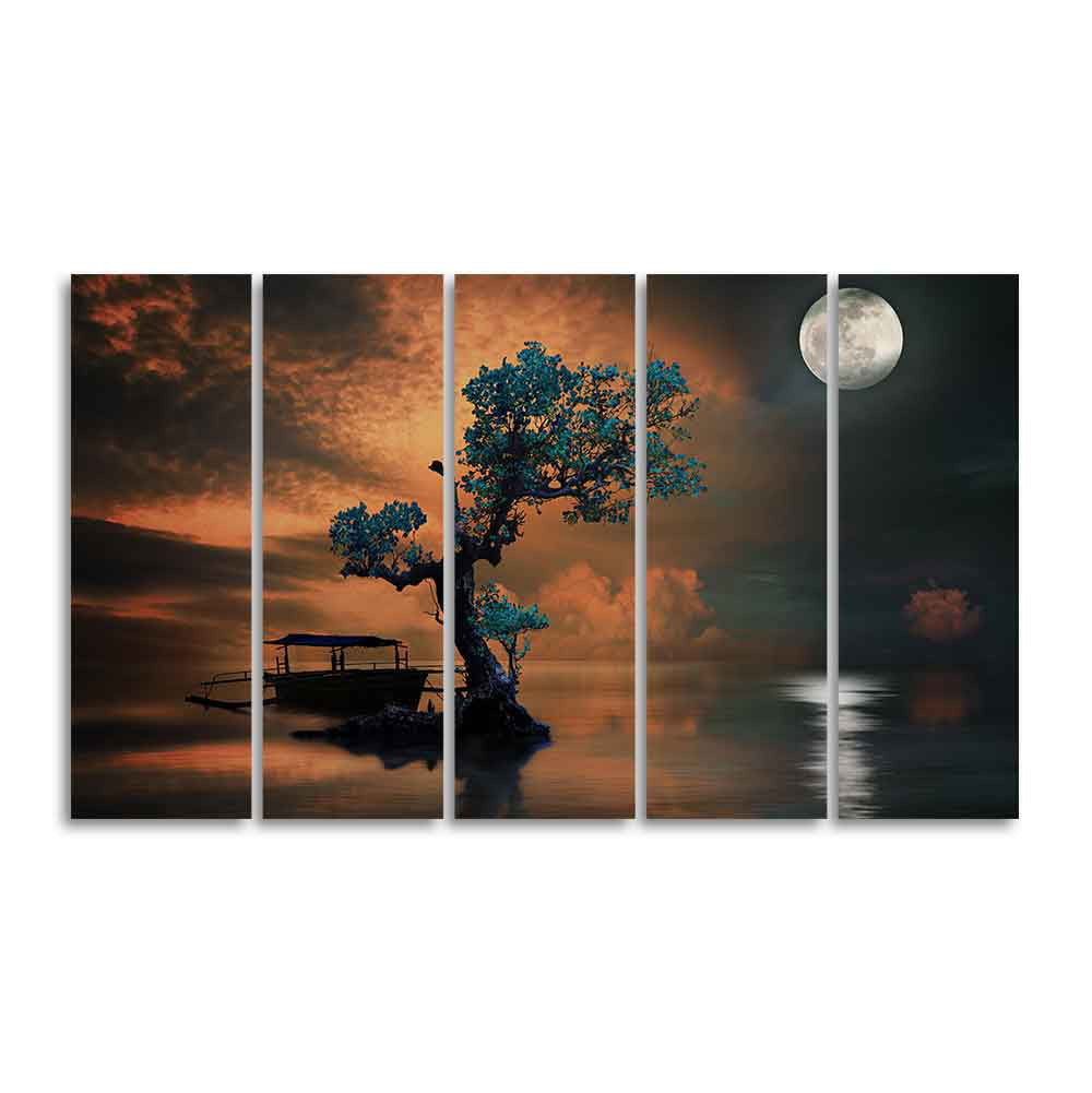 Amazing Tree under The Moon Premium Wall Painting of Five Pieces