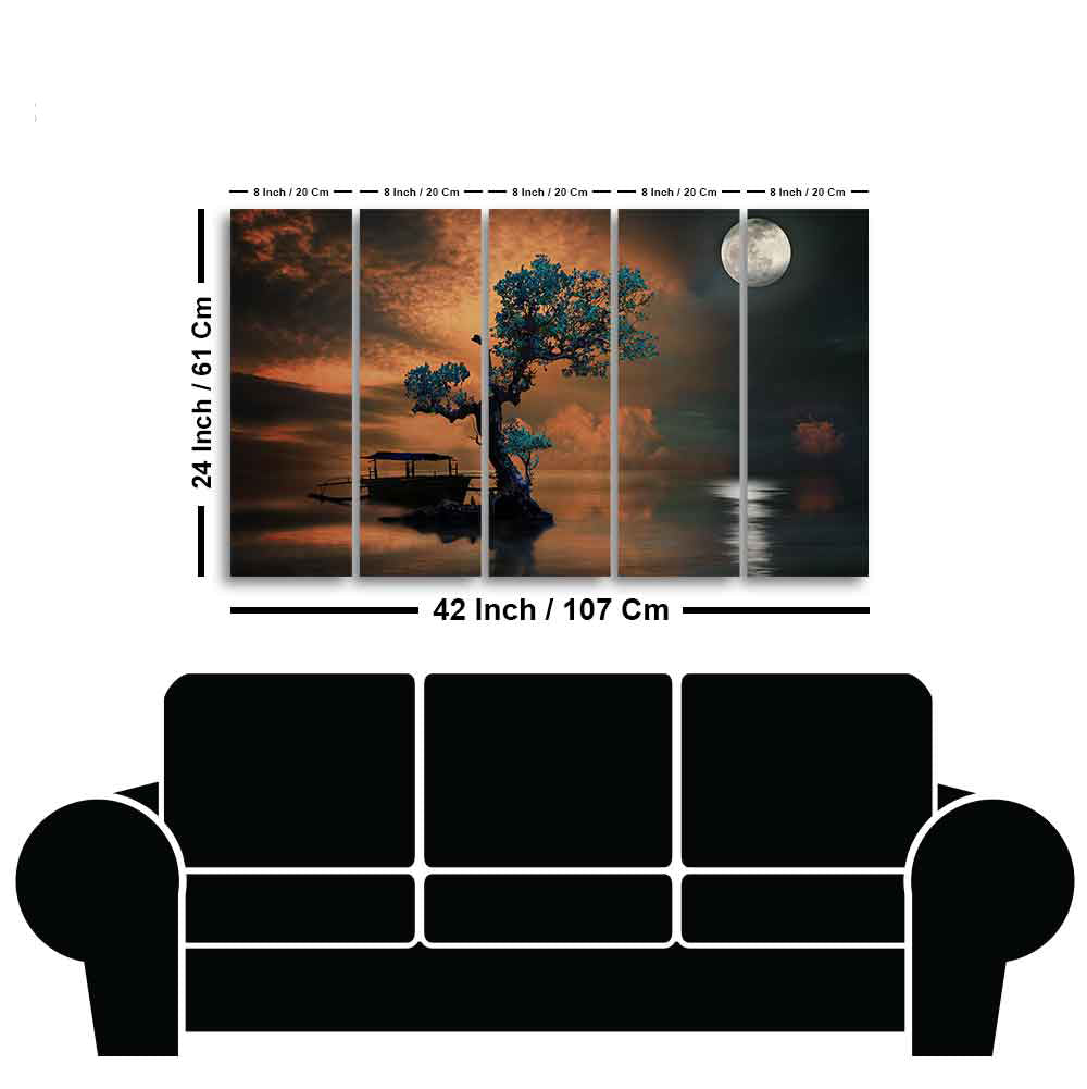 Amazing Tree under The Moon Premium Wall Painting of Five Pieces