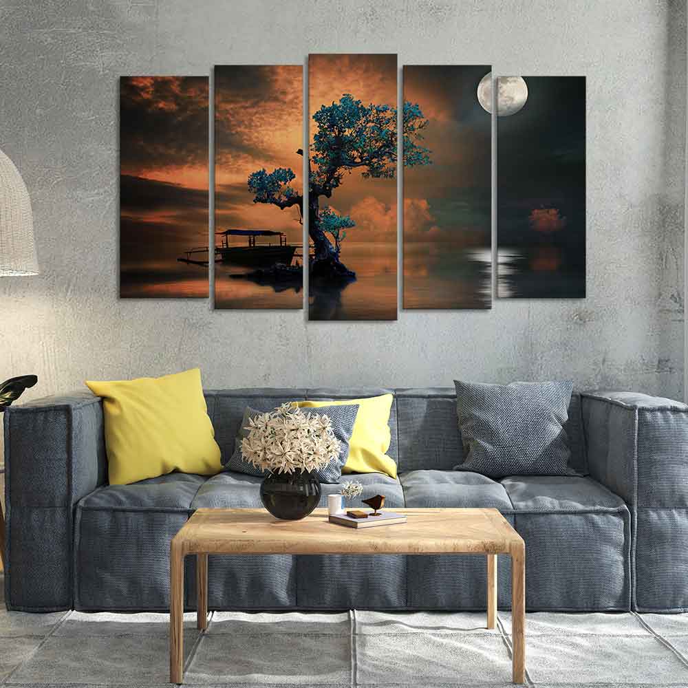 Amazing Tree Under The Moon Premium Wall Painting Set of 5 Pieces