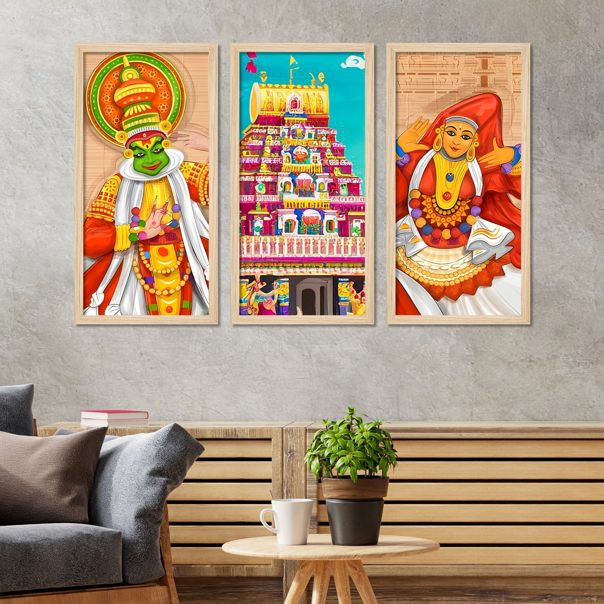 Ancient Temple Onam Festival Art Wooden Wall Frame Set of Three