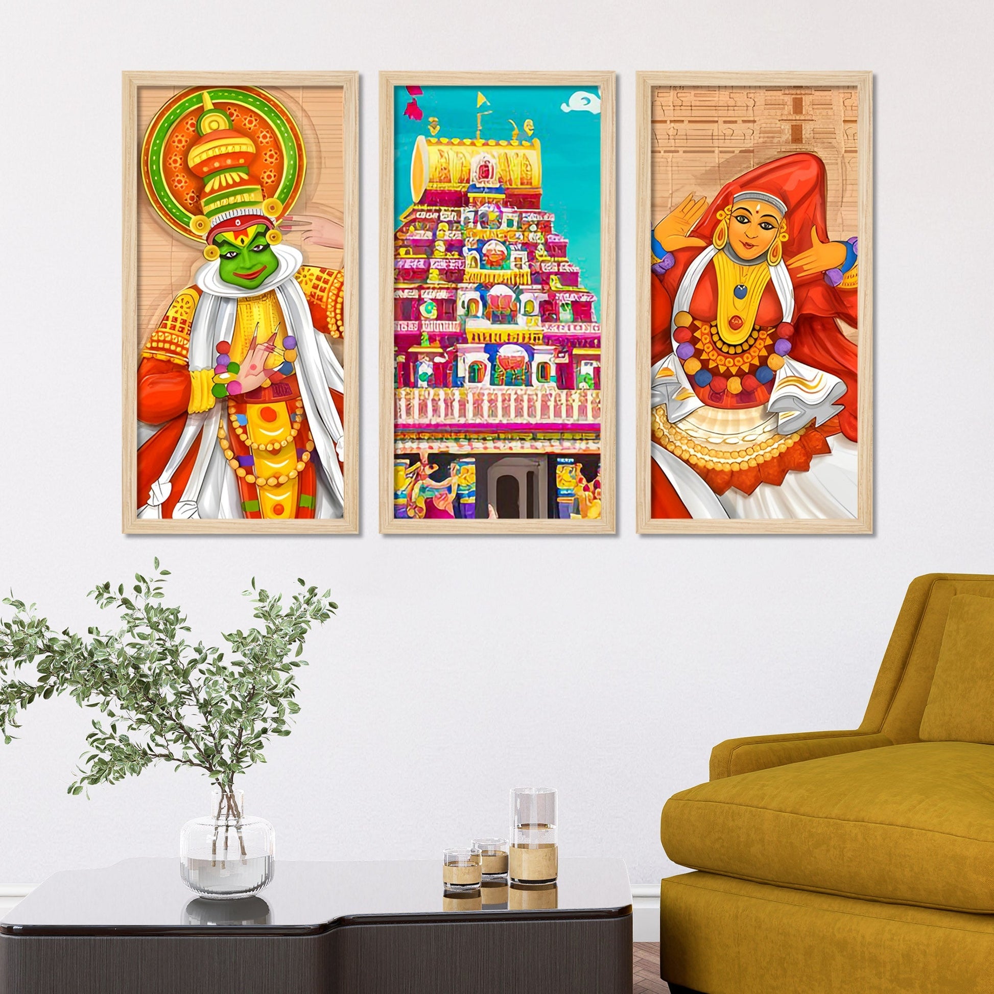 Ancient Temple Onam Festival Art Wooden Wall Frame Set of Three