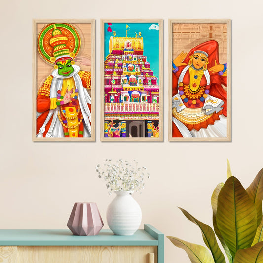 Ancient Temple Onam Festival Art Wooden Wall Frame Set of Three