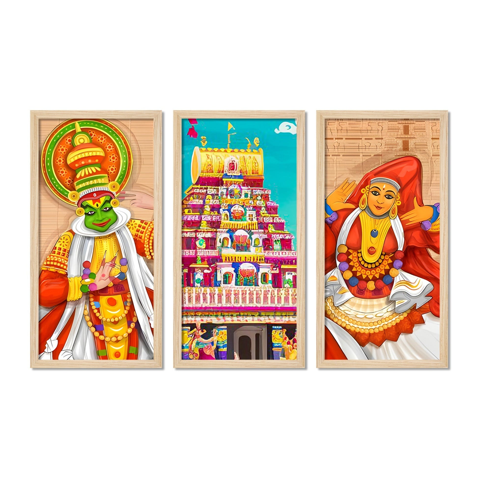 Ancient Temple Onam Festival Art Wooden Wall Frame Set of Three