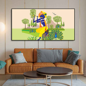 Animated Little Krishna With Flute Canvas Wall Painting